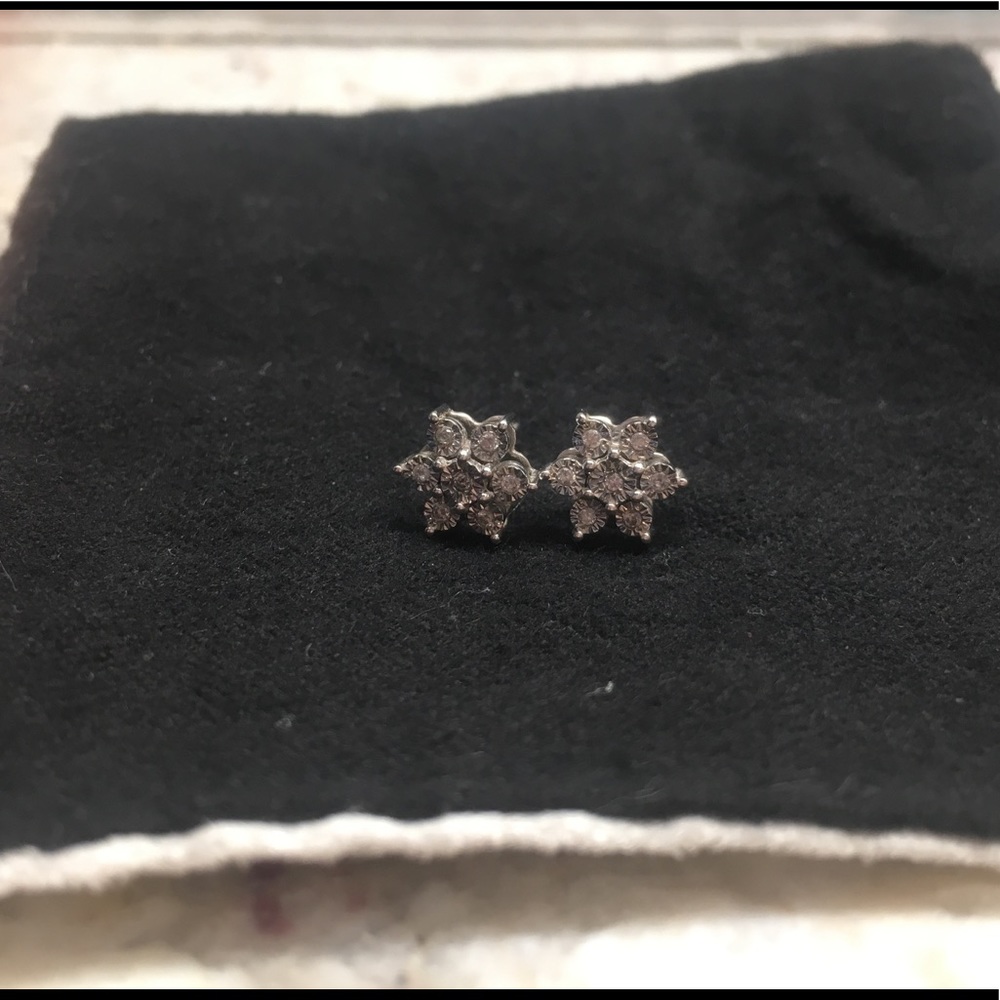 Diamond flower earrings, sterling silver